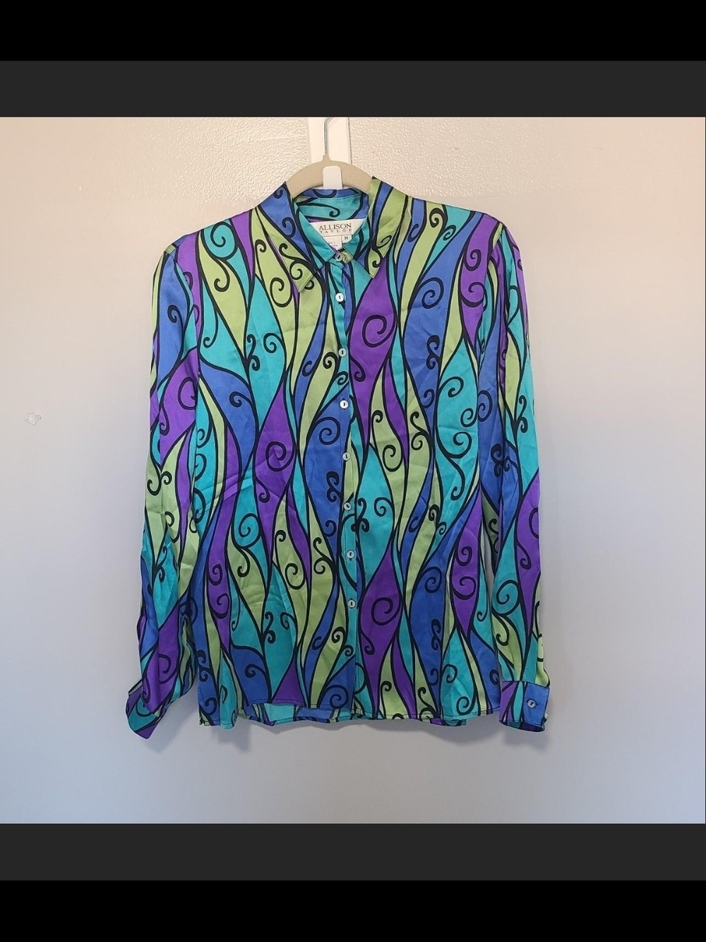 Vintage Silk Colorful Wave-Print Blouse Size  M